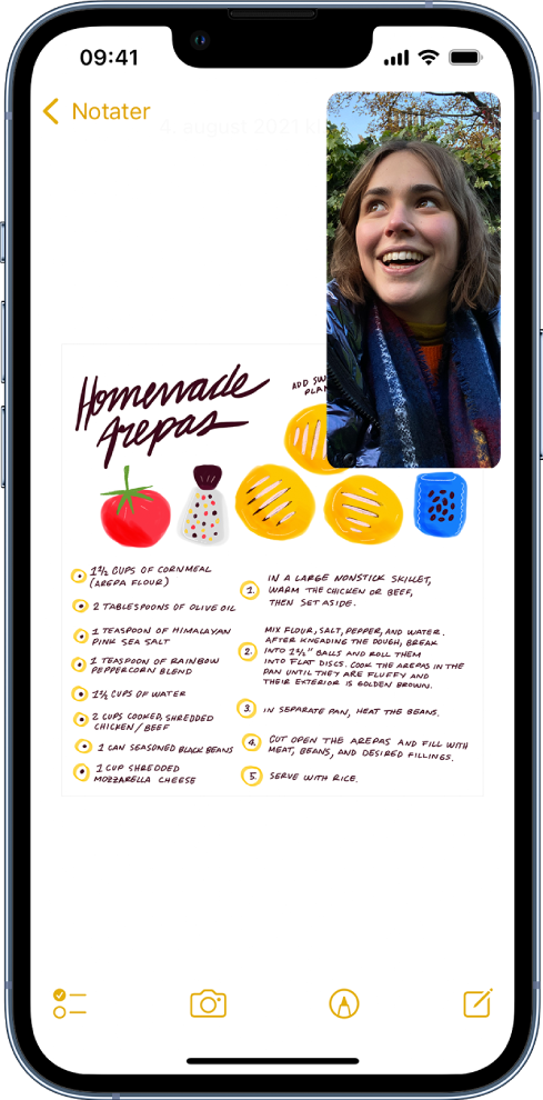 En skjerm som viser en pågående FaceTime-samtale samtidig som Notater-appen fyller resten av skjermen.