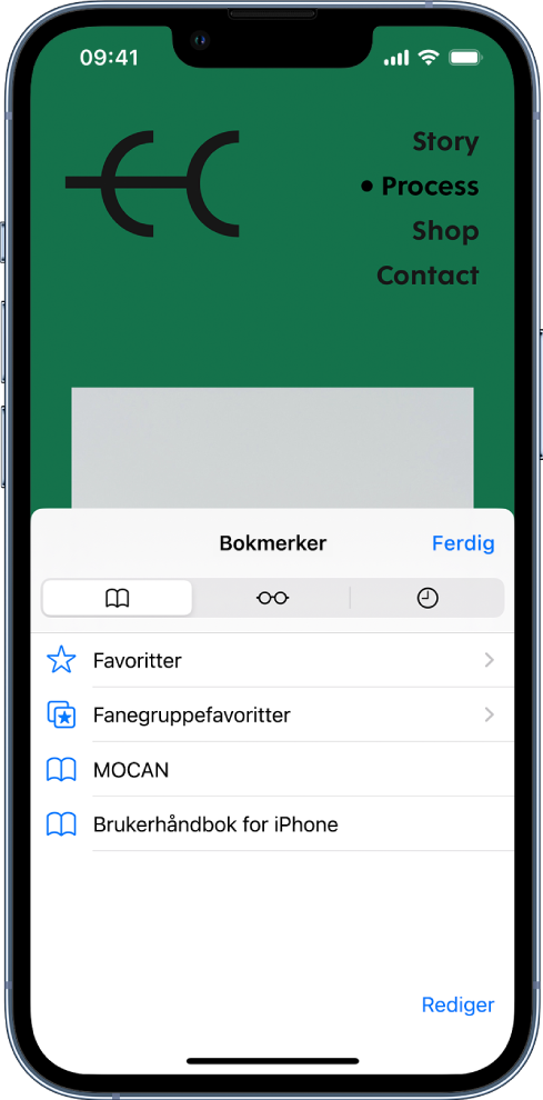 Bokmerker-skjermen, med valg om å se bokmerker, favoritter, fanegruppefavoritter, leseliste og nettleserlogg.