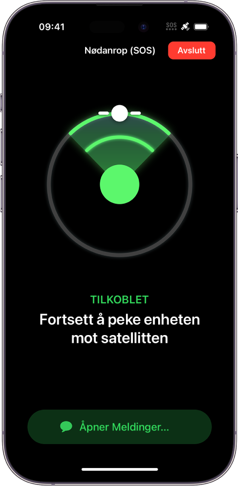 En Nødanrop (SOS)-skjerm som veileder en bruker til å peke iPhonen sin mot en satellitt. Under der igjen vises varslingen «Åpner Meldinger».