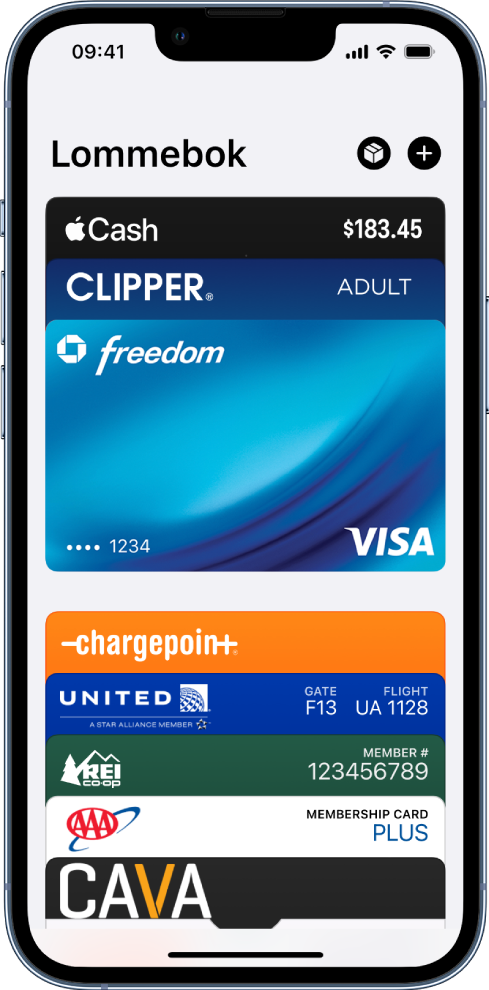 Lommebok-skjermen, med flere betalingskort og billetter.