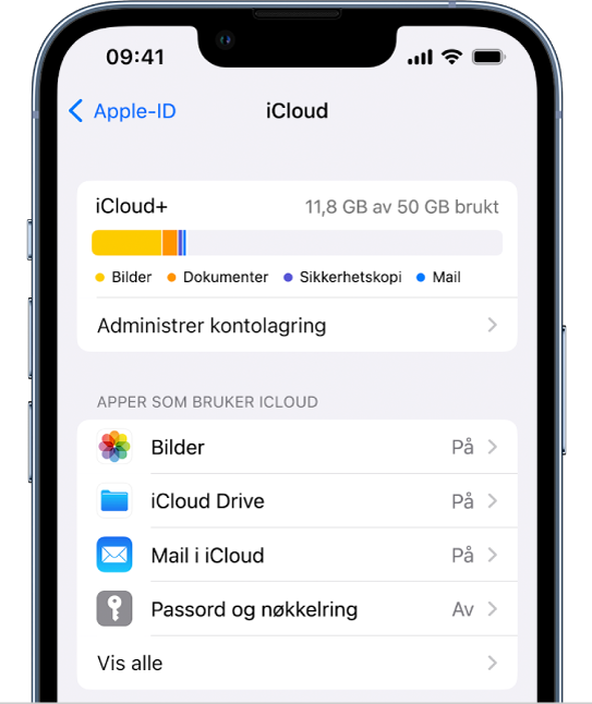 Skjermen for iCloud-innstillinger viser iCloud-lagringsmåleren og en liste med apper og funksjoner, blant annet Bilder, iCloud Drive og iCloud Mail, som kan brukes sammen med iCloud.