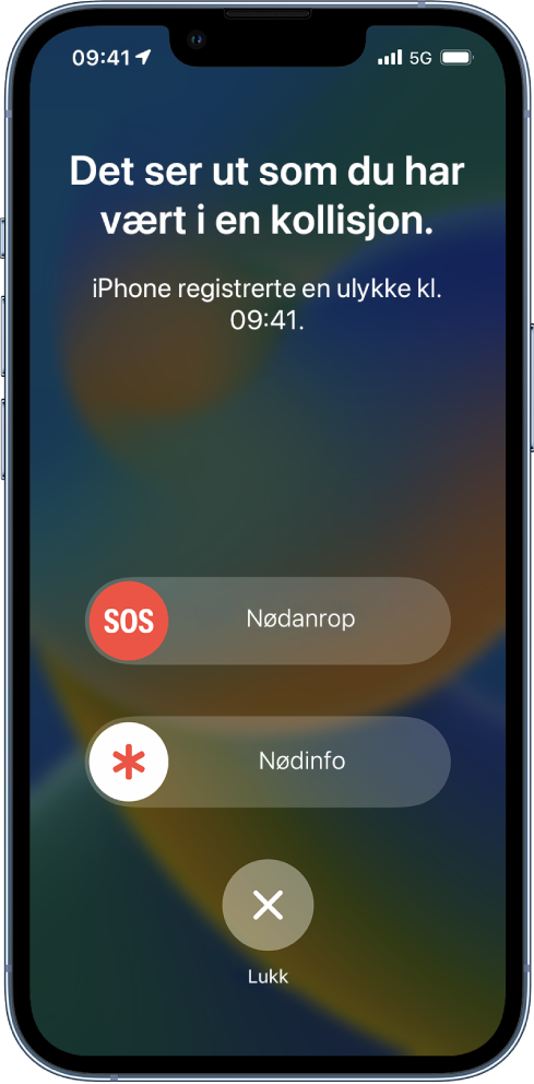 En iPhone-skjerm som viser at det er registrert en ulykke. Under vises knappene Nødanrop, Nødinfo og Lukk.