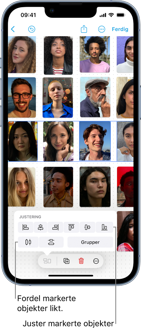 En Freeform-tavle med et rutenett med bilder. Én rad med bilder er markert, og justerings- og grupperingsverktøyene vises.