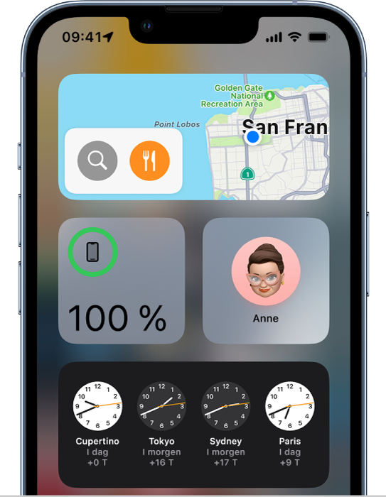 Kart-widgeten og andre widgeter på en iPhone-skjerm.