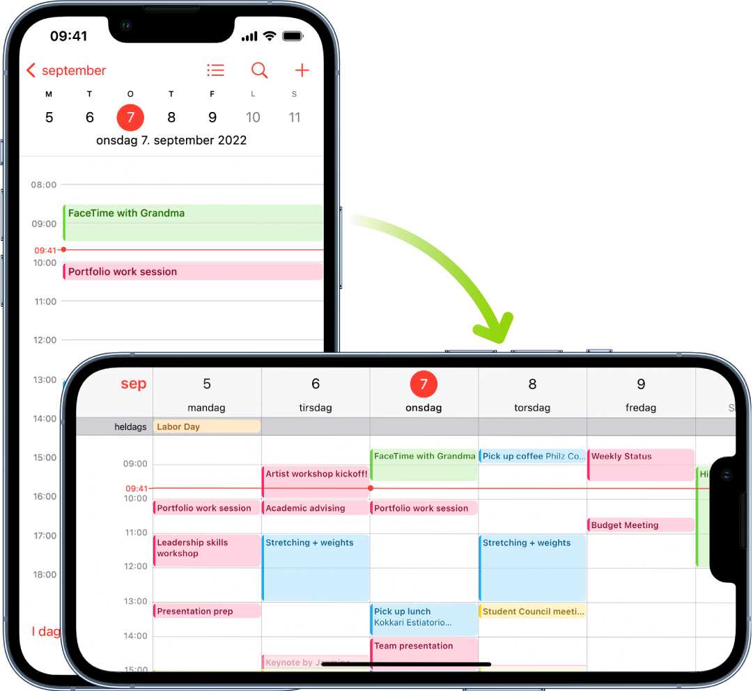 I bakgrunnen viser iPhone en Kalender-skjerm, med én dags hendelser i stående retning; i forgrunnen er iPhone snudd i liggende retning, med Kalender-hendelser for hele den aktuelle uken.