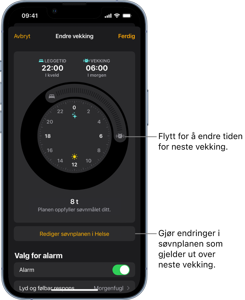 En skjerm for å endre Vekking-alarmen for i morgen, med skyveknapper for å endre leggetids- og vekkingstidspunktet, en knapp for å endre søvnplanen i Helse-appen og en knapp for å slå Vekking-alarmen av eller på.