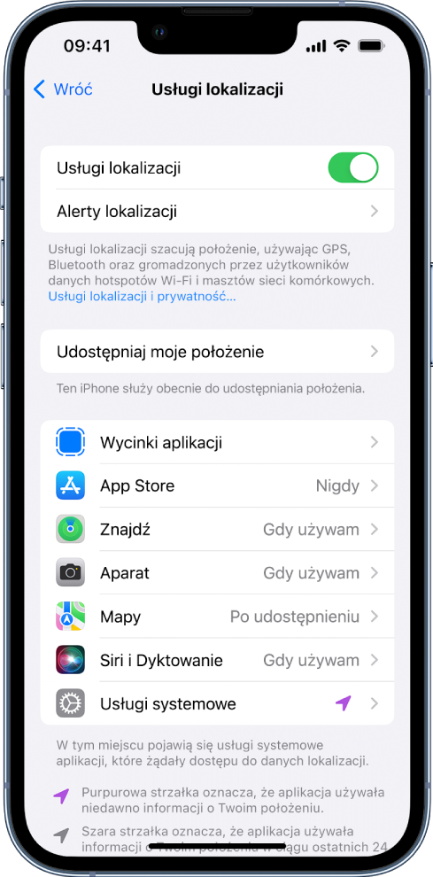 Ekran usług lokalizacji z ustawieniami dotyczącymi udostępniania położenia iPhone’a oraz osobnymi ustawieniami dla poszczególnych aplikacji.