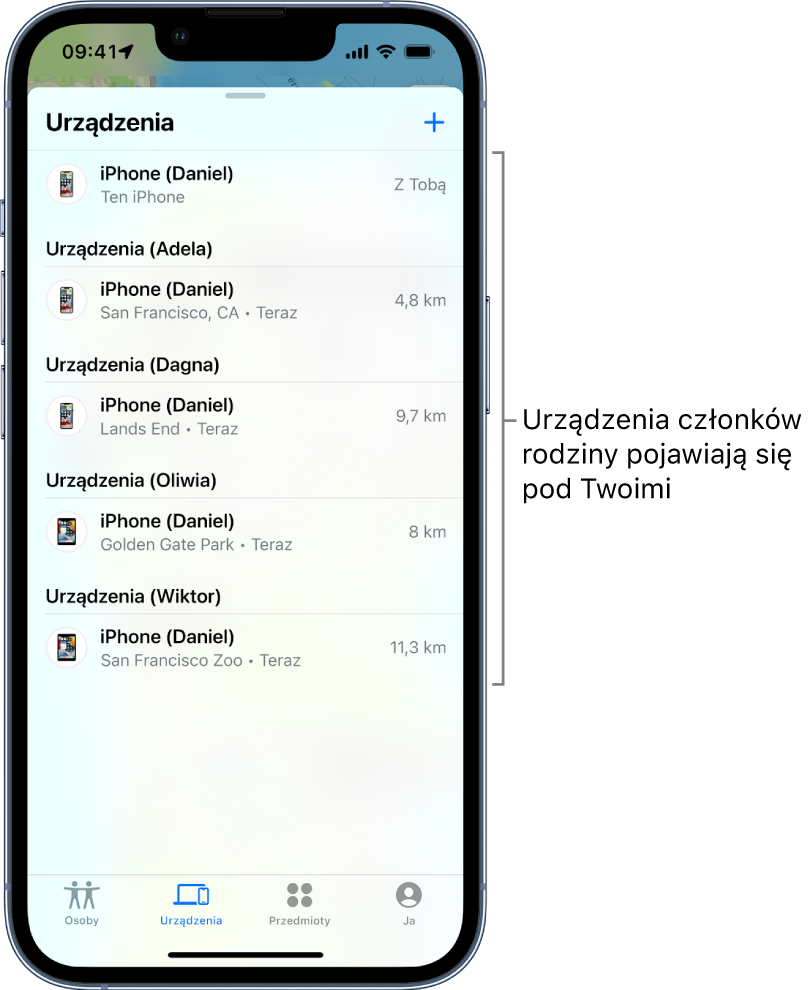 Karta Urządzenia w aplikacji Znajdź. U góry listy wyświetlany jest iPhone należący do Daniela. Poniżej widoczne są urządzenia czterech innych osób.