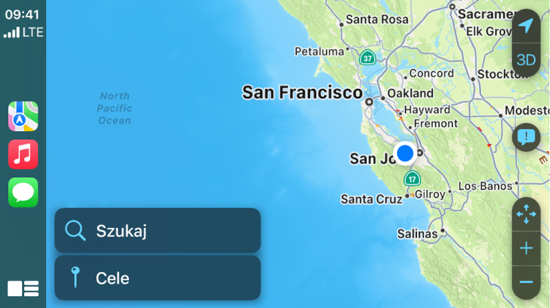 CarPlay z ikonami aplikacji Mapy, Muzyka i Wiadomości po lewej oraz mapą bieżącego obszaru po prawej.