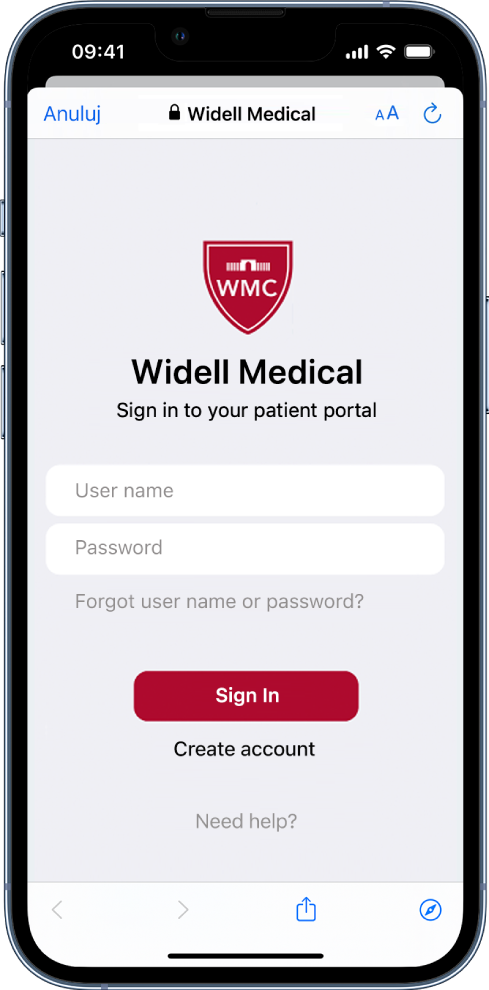 Ekran logowania pacjenta do organizacji zdrowotnej na iPhonie.
