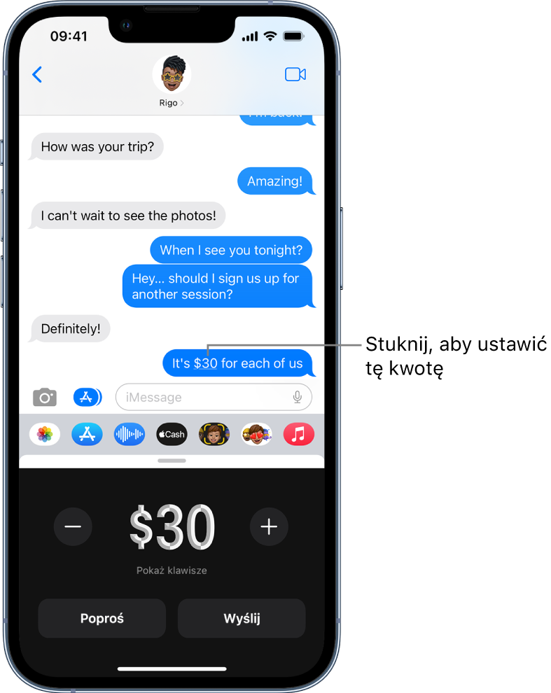 Rozmowa iMessage. Na dole widoczne jest pole Apple Pay.