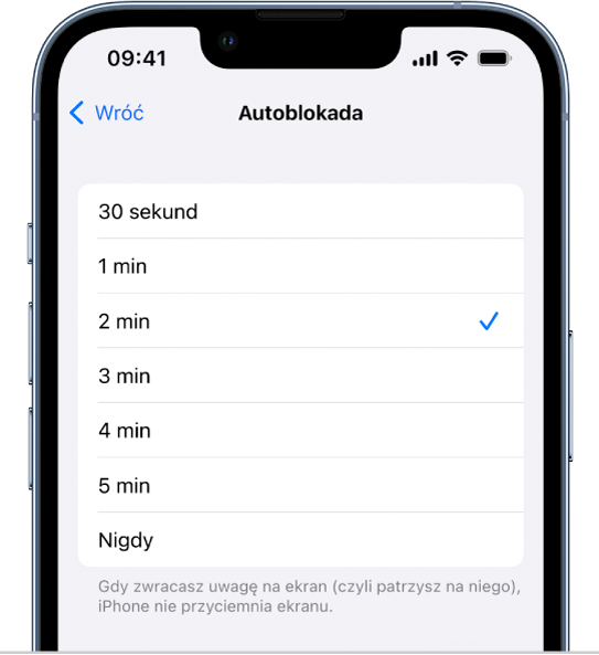 Ekran autoblokady z ustawieniami czasu, po którym iPhone ma się automatycznie zablokować.