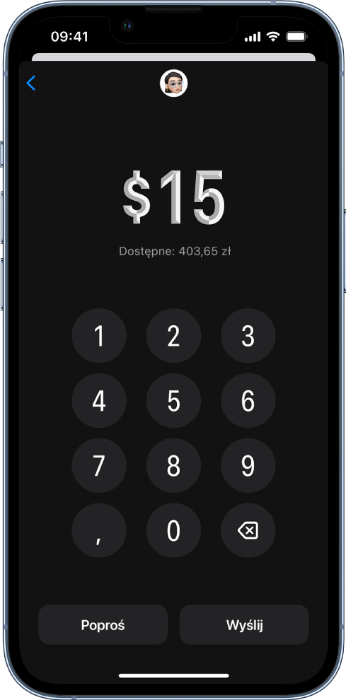 Klawiatura do wpisywania kwoty. Na dole widoczne są przyciski Poproś oraz Wyślij.
