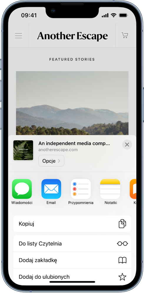 Ekran Safari po stuknięciu w przycisk udostępniania na stronie www; wyświetlane są aplikacje umożliwiające udostępnienie łącza. Pod ikonami aplikacji znajdują się inne opcje, w tym kopiowania, dodawania do listy Czytelnia, dodawania zakładki oraz dodawania do ulubionych.
