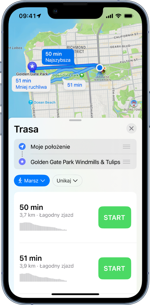 Mapa przedstawiająca dwie trasy przejścia pieszo. Widoczna na dole karta trasy zawiera szczegóły tras, obejmujące szacowany czas oraz zmianę wysokości. Obok każdej trasy widoczny jest przycisk Start.