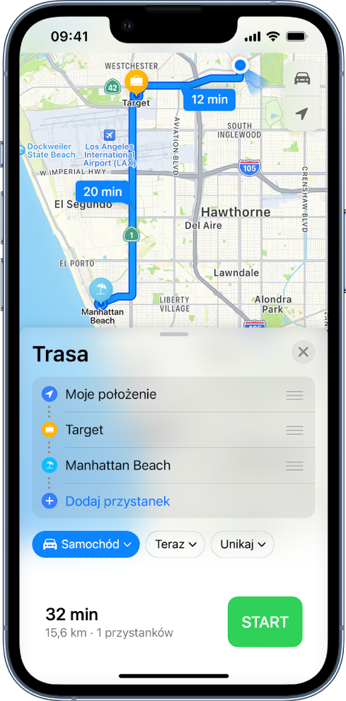Aplikacja Mapy wyświetlająca trasę z wieloma przystankami po drodze.