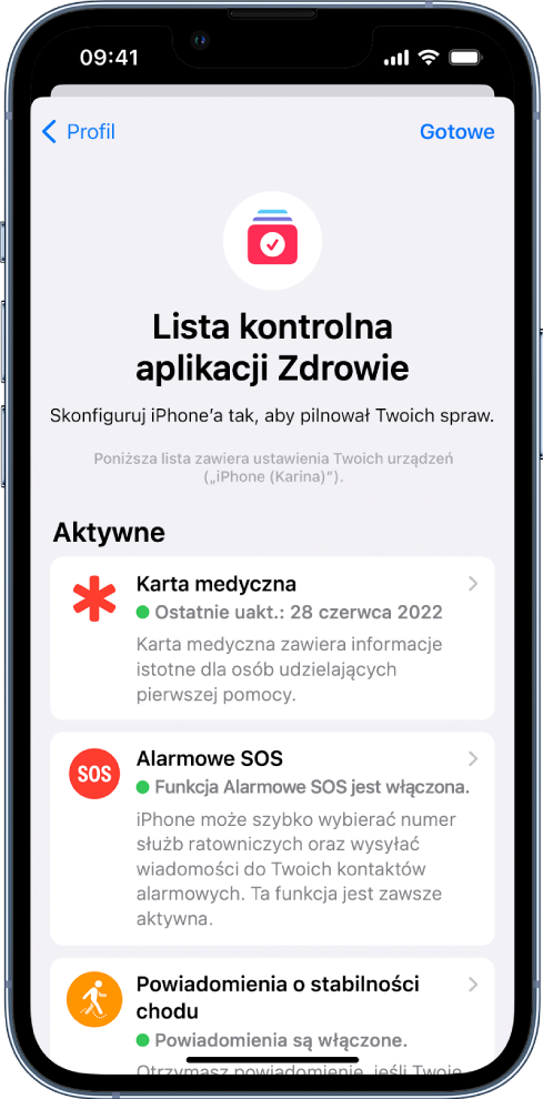 Ekran listy kontrolnej aplikacji Zdrowie, wyświetlający informację, że karta medyczna oraz powiadomienia o stabilności chodu są aktywne.