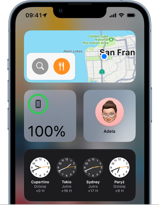Ekran iPhone’a z widżetem Mapy oraz innymi widżetami.