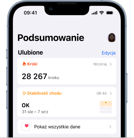 Ekran Podsumowanie w aplikacji Zdrowie. Pod etykietą Ulubione widoczne są informacje dotyczące stabilności chodu.