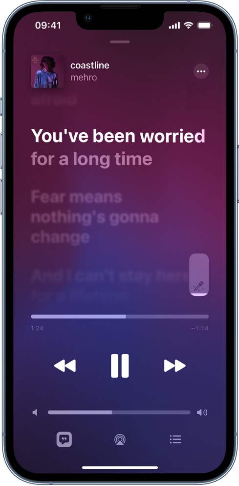 Ekran Odtwarzane, zawierający suwak funkcji Apple Music Sing na górze, po prawej od linii czasowej. Odtwarzane obecnie słowa utworu są wyróżnione.