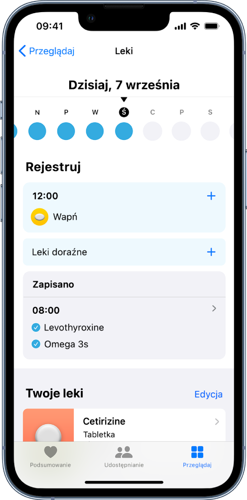 Ekran Leki w aplikacji Zdrowie, zawierający linię czasową oraz dziennik przyjmowania leków.