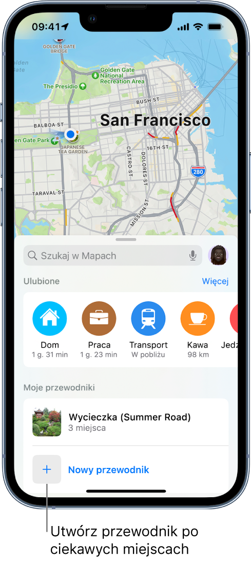 Karta wyszukiwania w aplikacji Mapy. Na dole karty widoczny jest przycisk Nowy przewodnik.
