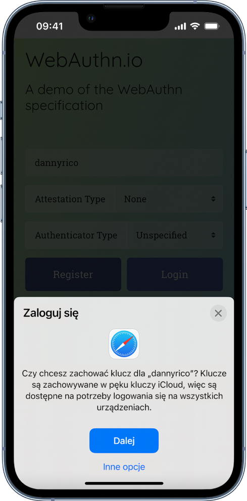 Dolna połowa ekranu iPhone’a z opcją użycia kluczy do zalogowania się w witrynie. Widoczny jest przycisk Dalej, pozwalający zachować klucz, oraz przycisk Inne opcje.