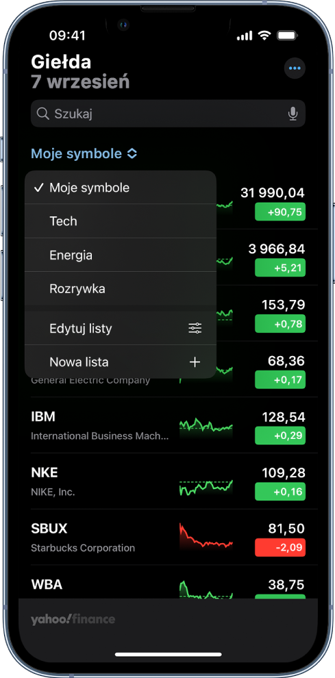 Lista obserwowanych notowań obejmująca różne notowania. Odnośnie każdego notowania na liście wyświetlane są następujące informacje (od lewej do prawej): symbol i nazwa akcji, wykres, kurs oraz zmiana kursu. Na górze ekranu widoczna jest zaznaczona lista Moje symbole oraz następujące listy i opcje: Technologie, Energia, Rozrywka, Zarządzaj listami oraz Nowa lista.