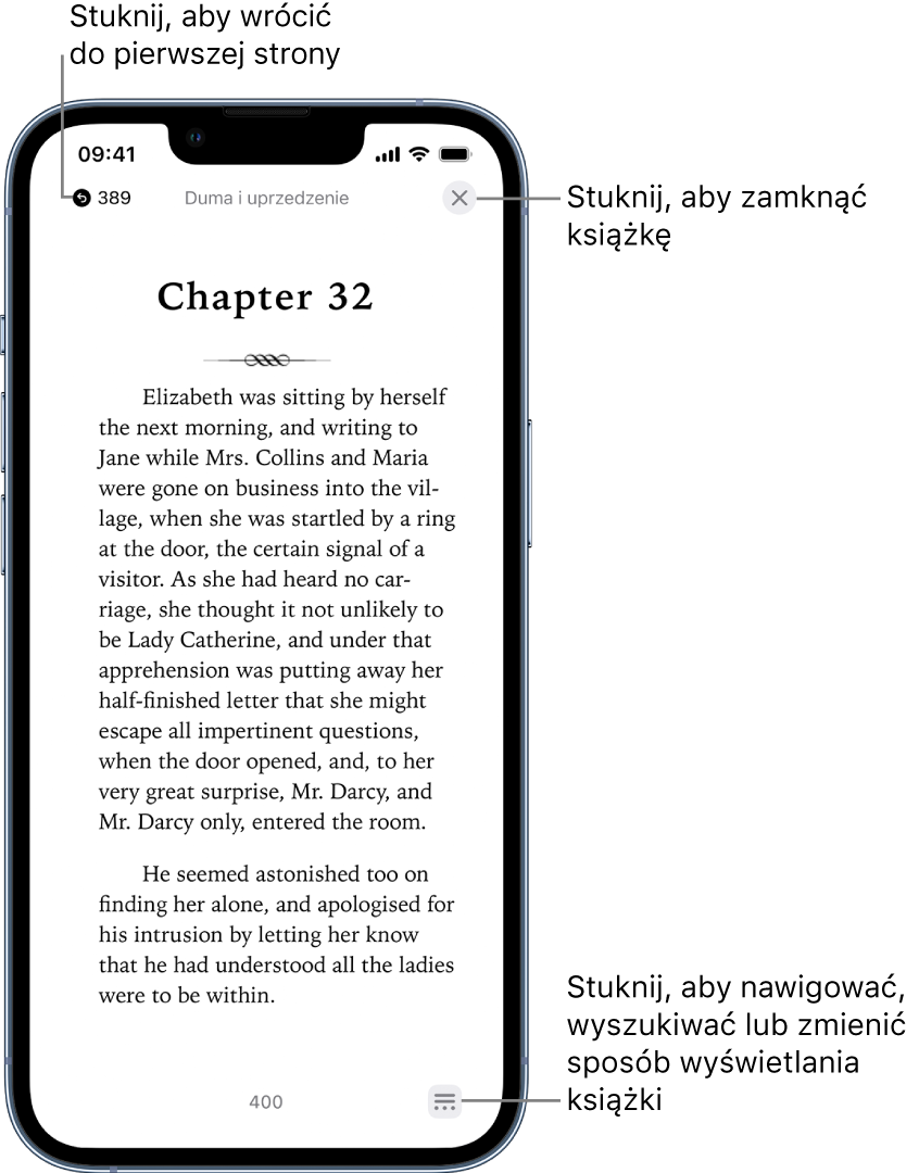 Strona książki w aplikacji Książki. Na górze ekranu widoczne są przyciski pozwalające na powrót do strony, od której rozpoczęto czytanie, oraz na zamknięcie książki. W prawym dolnym rogu ekranu znajduje się przycisk Menu.