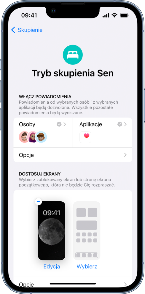 Ekran trybu skupienia Sen z widocznymi trzema osobami i jedną aplikacją, od których dozwolone są powiadomienia.