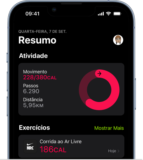 A tela de resumo do app Fitness mostrando as áreas de Atividade e Exercícios.