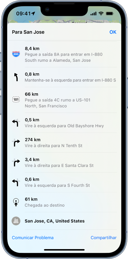 Os itinerários ponto a ponto de uma rota mostrados em uma lista.