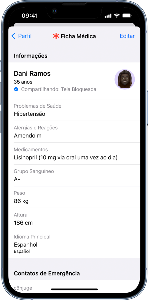 Uma tela de Ficha Médica com informações que incluem data de nascimento, condições médicas, medicações e um contato de emergência.