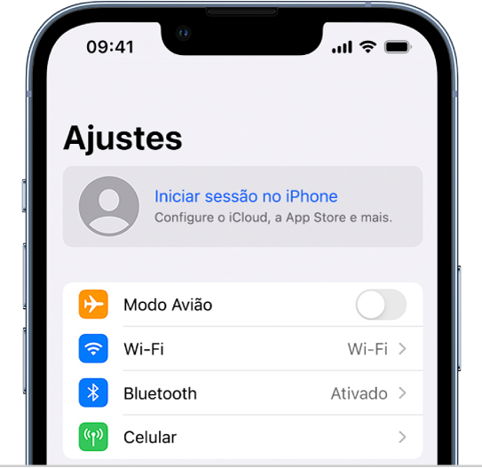 Tela dos Ajustes, com Iniciar sessão no iPhone selecionado.