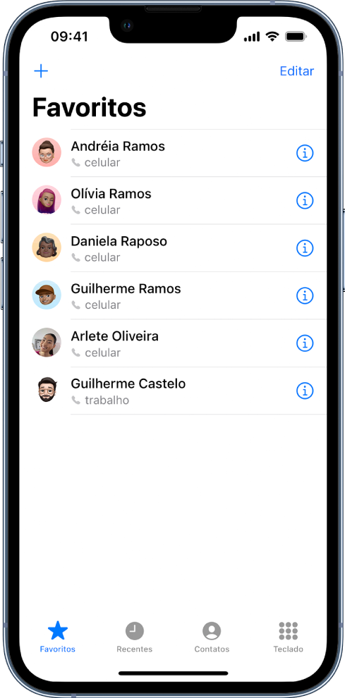 A tela Favoritos no app Contatos; seis contatos aparecem na lista como favoritos.