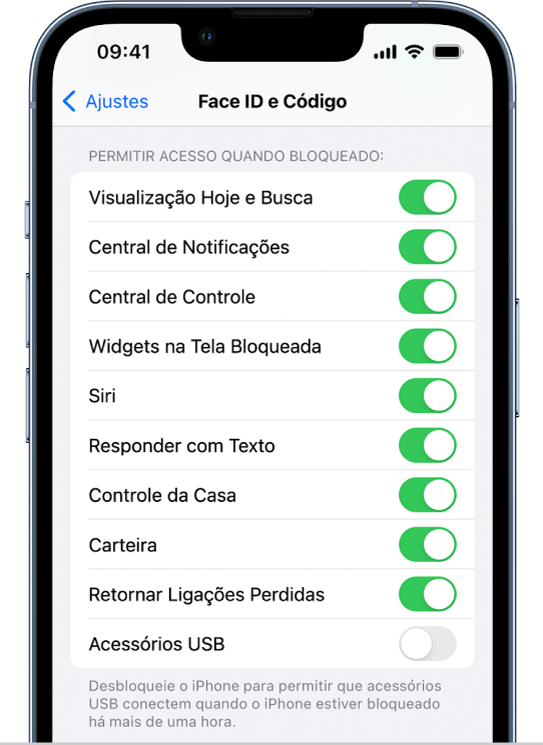 A tela Face ID e Código, com ajustes para permitir acesso a recursos específicos quando o iPhone está bloqueado.