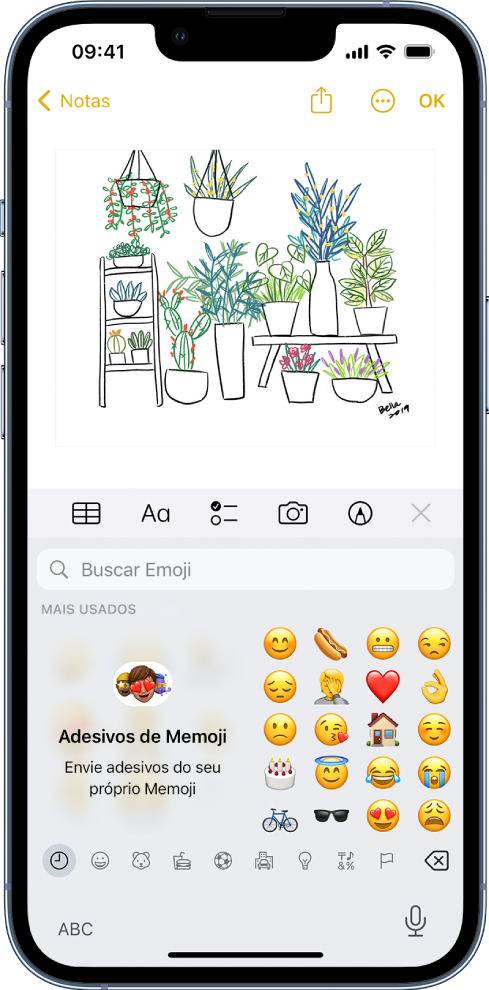 Nota sendo editada no app Notas, com o teclado de emoji aberto e o campo de Busca de Emoji na parte superior do teclado.