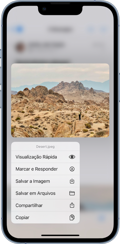 Um anexo de e‑mail está selecionado, com as ações possíveis em uma lista. As opções incluem: Visualização Rápida, Marcar e Responder, Salvar Imagem, Salvar em Arquivos, Compartilhar e Copiar.