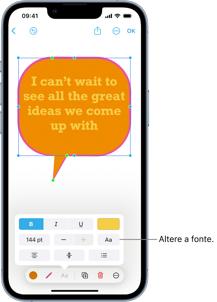 Uma forma de balão de fala selecionada com as ferramentas de formatação e pontos verdes e azuis visíveis. Um menu pop‑up com opções de formatação de texto aparece acima das ferramentas de formatação.