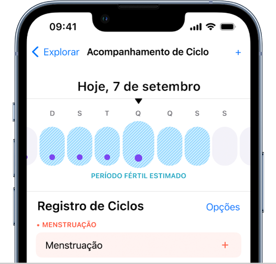 Tela Acompanhamento de Ciclo com uma linha do tempo perto da parte superior mostrando uma janela fértil estimada.