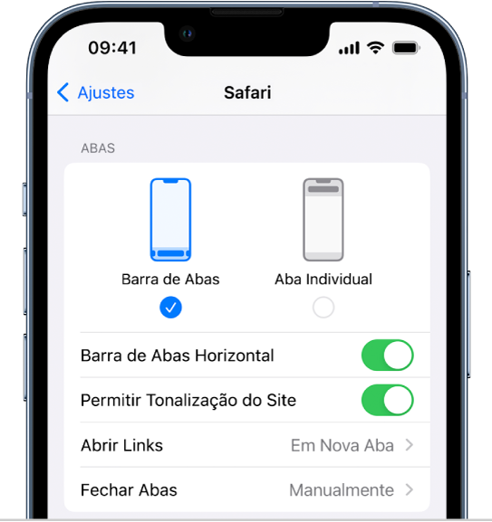Tela mostrando duas opções de layout do Safari: Barra de Abas ou Aba Individual.