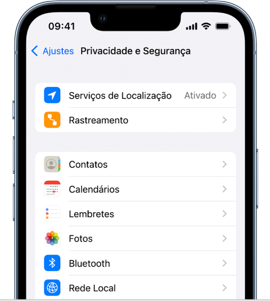 A tela Privacidade e Segurança nos Ajustes.