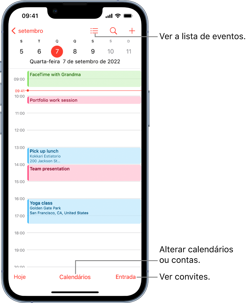 Um calendário na visualização Diária mostrando os eventos do dia. O botão Calendários na parte inferior da tela permite alterar as contas do calendário. O botão Entrada no canto inferior direito permite ver os convites.