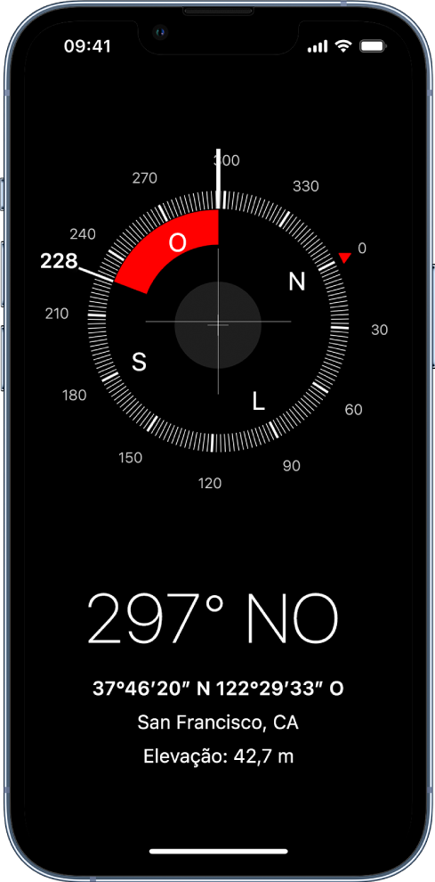 Tela da Bússola mostrando a direção em que o iPhone está apontando, a sua localização atual e a elevação.