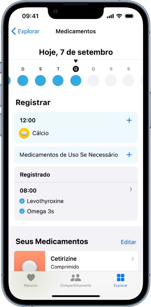 A tela Medicamentos no app Saúde, mostrando uma linha do tempo e um registro de medicamentos.