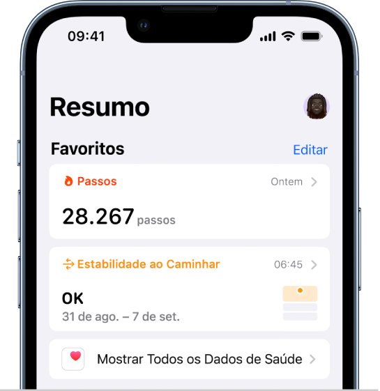 Tela Resumo no app Saúde. Informações sobre a estabilidade ao caminhar aparecem abaixo de Favoritos.