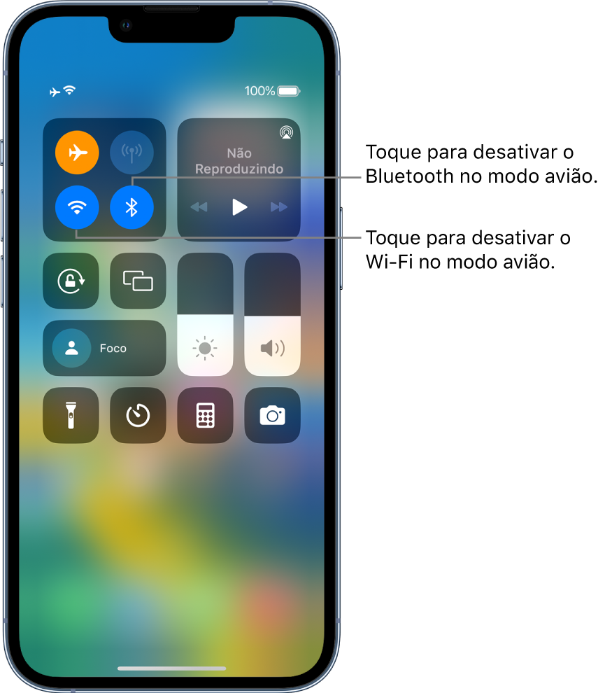 Central de Controle com o modo avião ativado. No grupo de controles do canto superior esquerdo, encontram-se o botão Wi-Fi (abaixo à esquerda) e o botão Bluetooth (abaixo à direita).