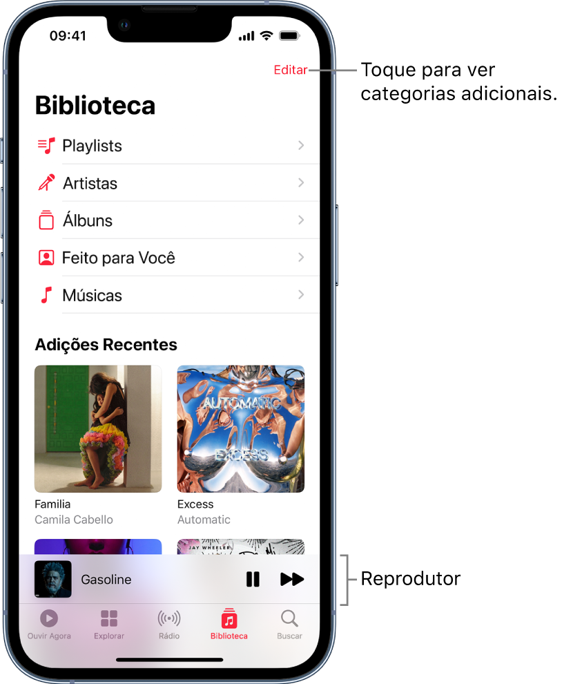 A tela Biblioteca mostrando uma lista de categorias incluindo Playlists, Artistas, Álbuns, Feito para Você e Músicas. O cabeçalho Adições Recentes aparece abaixo da lista. O reprodutor mostra o título da música atual e os botões Reproduzir e Seguinte aparecem próximos à parte inferior.