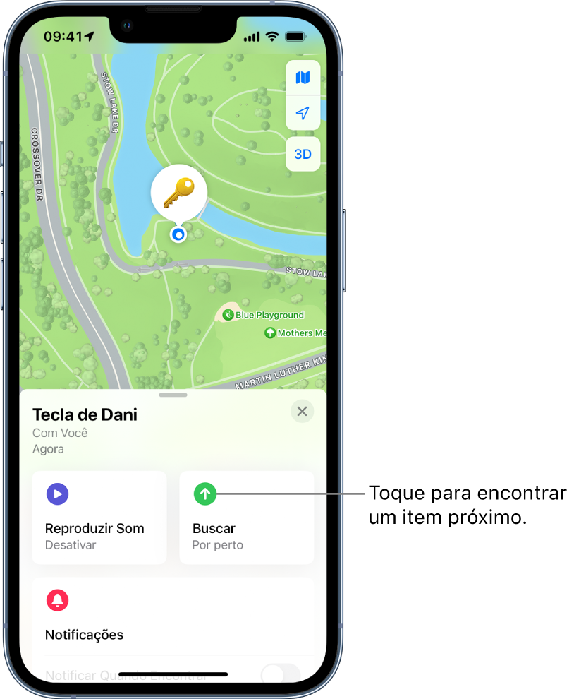 O app Buscar aberto, mostrando as chaves de Dani no Parque Golden Gate. Toque no botão Buscar para localizar um item por perto.