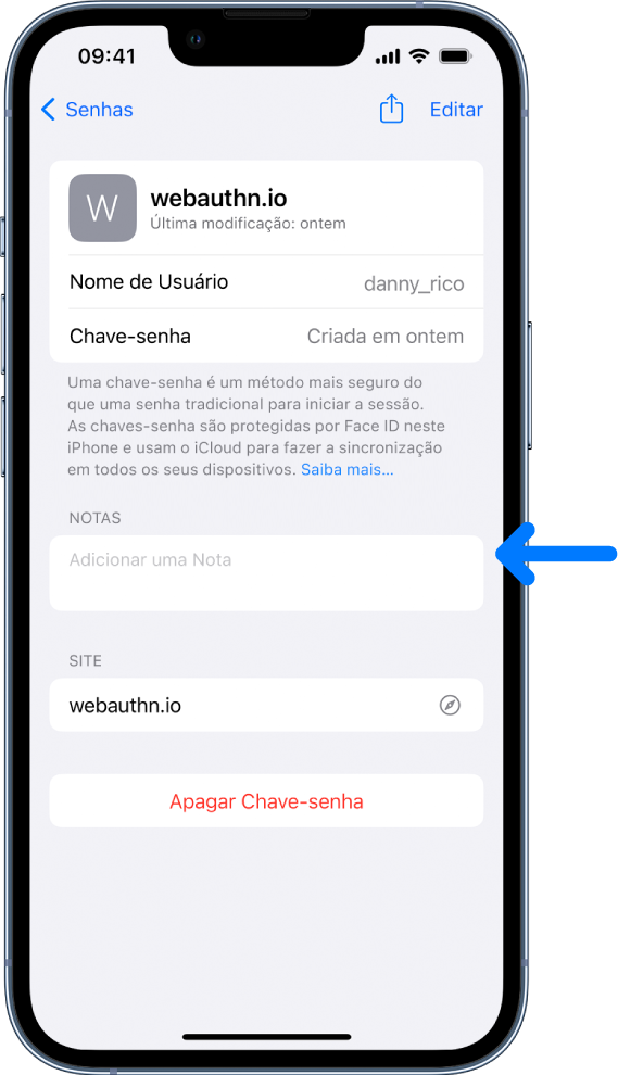 Uma tela de chave-senha nas Chaves do iCloud com informações sobre a chave-senha e um lugar para adicionar e visualizar notas.